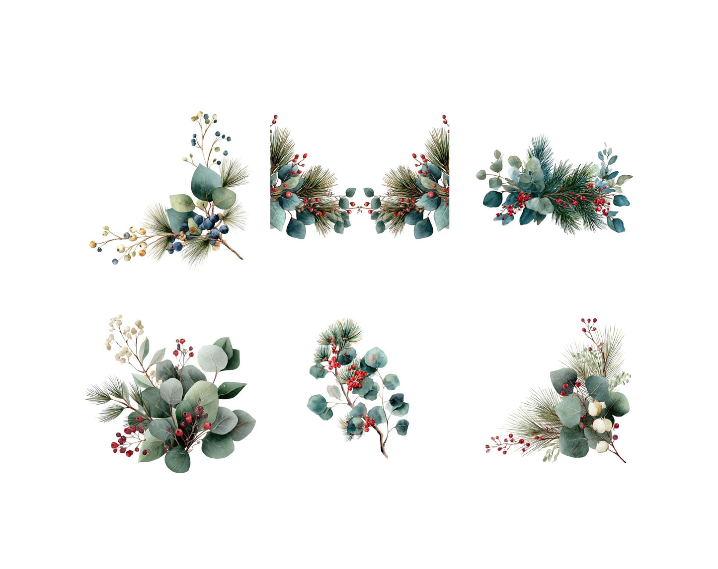 Botanische Cliparts im Paket, Aquarell-Grünkränze, florale Bordüren, Blumenrahmen (PNG), Weihnachtsrahmen, kommerzielle Nutzung, sofortiger Download