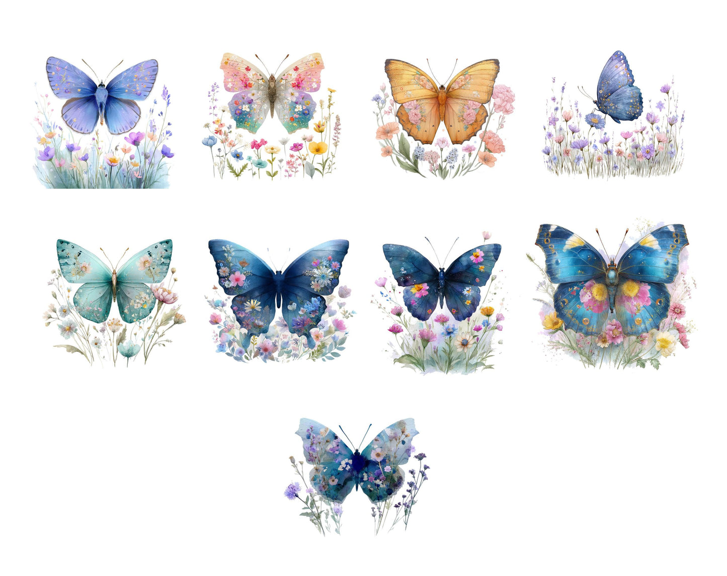 25 Schmetterlinge in Blumen Clipart-Set, Wildblumen-Schmetterlinge Clipart, druckbare Aquarell-Schmetterlinge, hochauflösende PNGs, Papierbastelvorlage