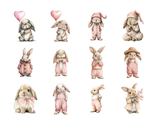 Watercolor Easter Bunny Clipart Bundle, Cute Easter Rabbits PNG, Pink Bunnies Clipart, Baby Shower, Nursery Decor, Whimsical Easter Clipart