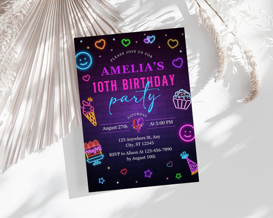 Neon Birthday Invitation, Retro Birthday Party, Boy Birthday Invite, Teenager Birthday Invitation, Retro Neon Birthday, Instant Download