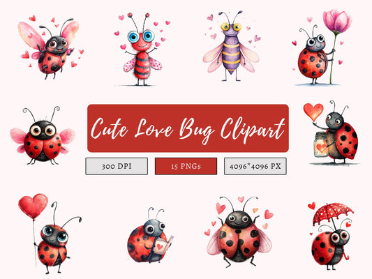 Watercolor Love Bug Clipart Bundle, Cute Love Bug PNG, Quirky Love Bug Clipart, Whimsical Love Bug Clipart, Digital Paper Craft, Card Making