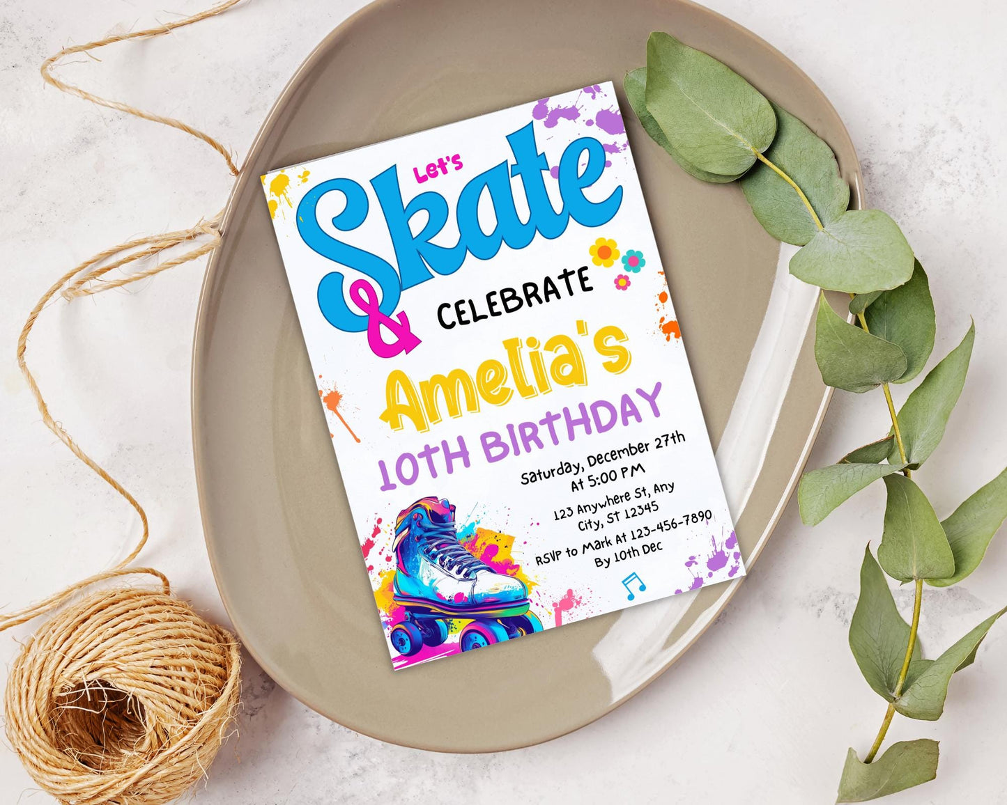 Roller Skating Birthday Invitation, Let's Roll Party, Let's Skate & Celebrate Birthday Invite, Retro Neon Lights Party, Skate Party