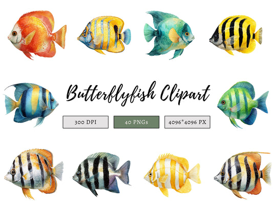 40 Butterfly Fish Clipart Set, Watercolor Fish Clipart, Tropical Fish png, Ocean Sea Life Clipart, High Quality Transparent png