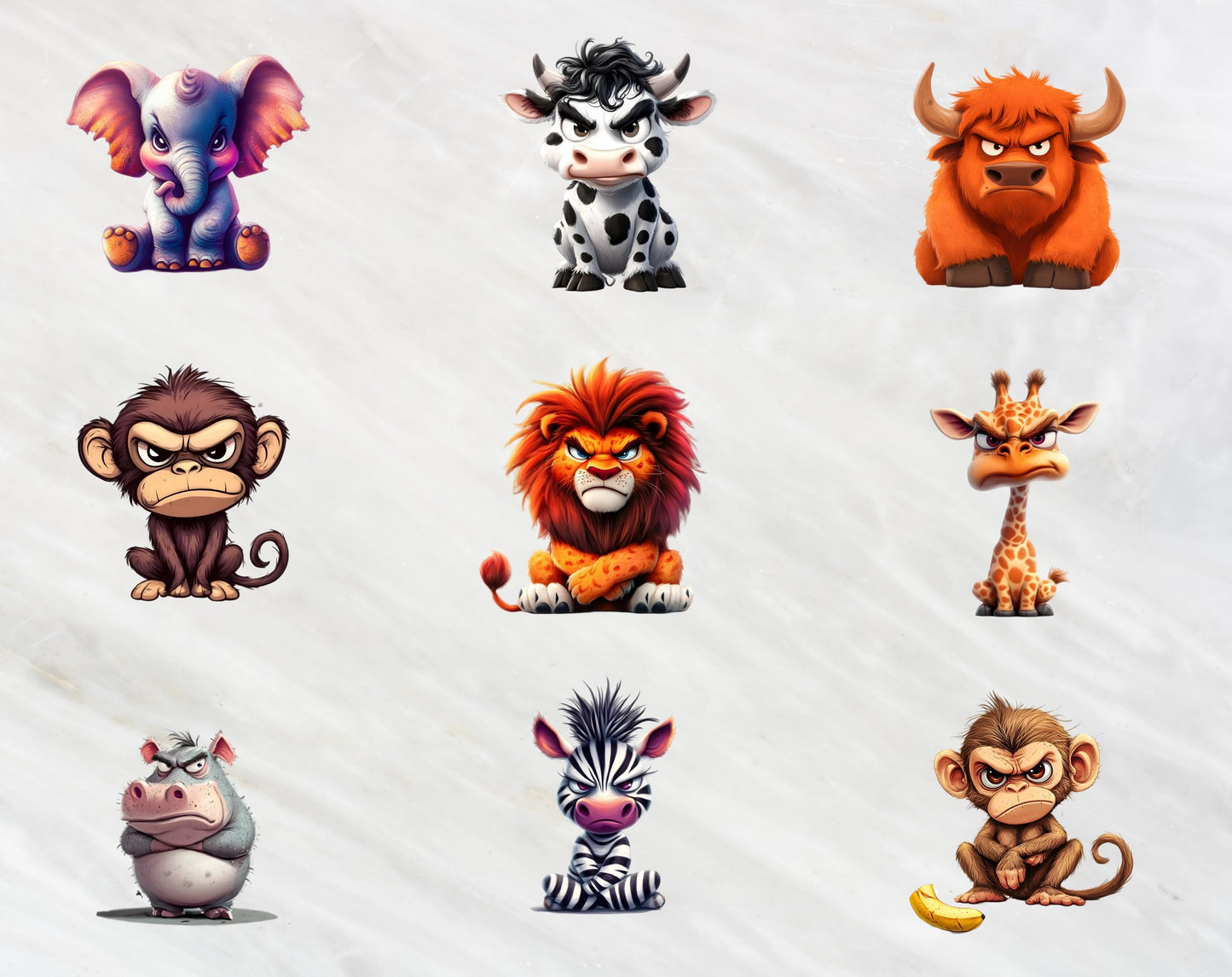 24 lustige Cliparts von mürrischen Tieren, Cliparts von mürrischen Safari-Tieren, Cartoon-Haustier-Print-Bundle, niedliche Tier-PNGs, Kinderzimmerdeko, kommerzielle Nutzung