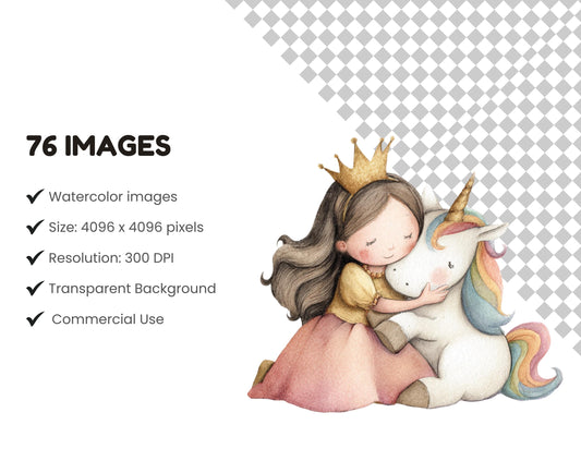 76 Cute Unicorn Clipart Bundle, Rainbow World Watercolor Clipart Set, Unicorn & Princess png, Unicorn Friendship png, Instant Download