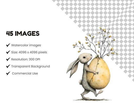 Quirky Easter Bunny Clipart Bundle, Whimsical Rabbit Clipart, Easter Bunny PNG, Funny Easter Bunny With Egg PNG, Instant Download