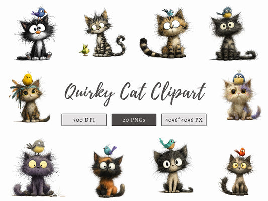 Quirky Cats Clipart Bundle, 20 Watercolor Quirky Cat PNG, Card Making, Junk Journal, Scrapbooking, Digital Art, Instant Download