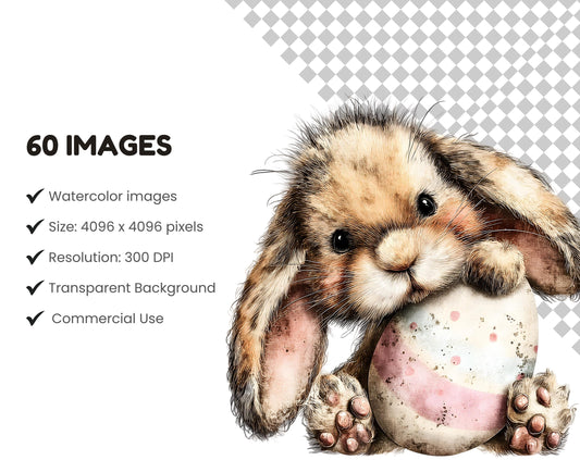 Whimsical Bunny Easter Clipart Bundle, Watercolor Easter Bunnies Clipart, Rabbit PNG, Quirky Bunny Clipart, Commercial Use, Instant Download