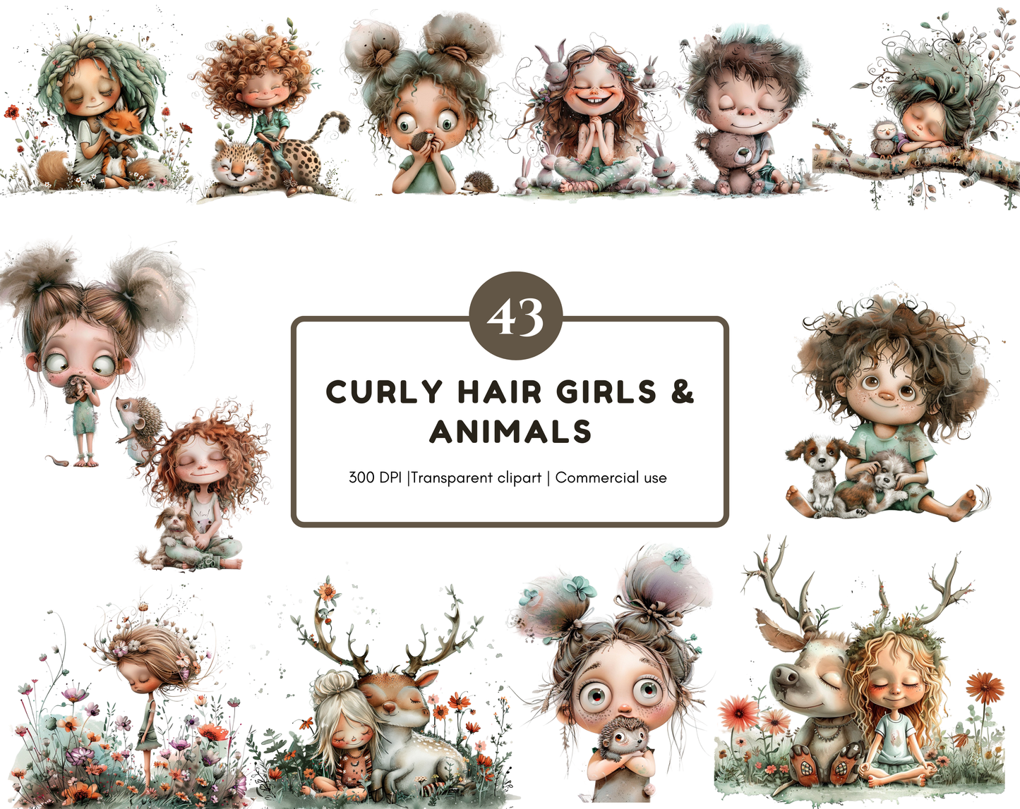 Watercolor Kids Clipart Bundle, Curly Hair Girl & Animals PNGs, Whimsical Cute Girl Clipart, Cute Animals Clipart, Friendship Clipart