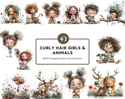 Watercolor Kids Clipart Bundle, Curly Hair Girl & Animals PNGs, Whimsical Cute Girl Clipart, Cute Animals Clipart, Friendship Clipart