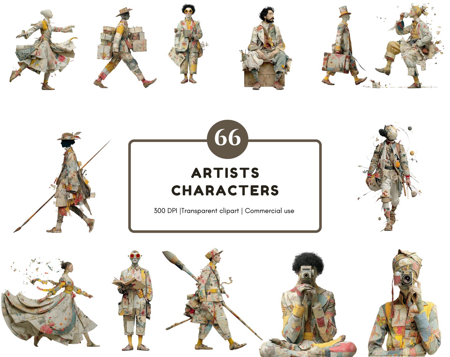 66 Künstler-Charaktere im Clipart-Bundle, Aquarell-Künstlerfiguren (PNG), verträumte Künstler-Charaktere, Scrapbooking, Sofort-Download