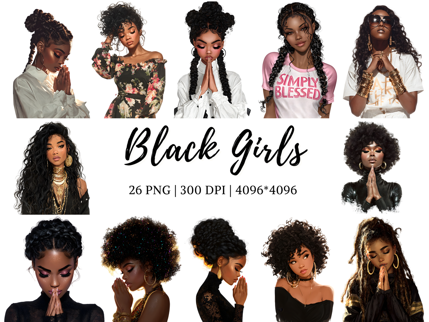 DIY Download Trendy Girl Clipart Black and White PNG Bundle