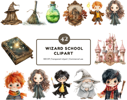 Wizard School PNG Bundle, Cute Wizard Clipart, Fantasy Magic Character, Witch Clipart, Nursery Decor, Kids Illustration, Instant Download