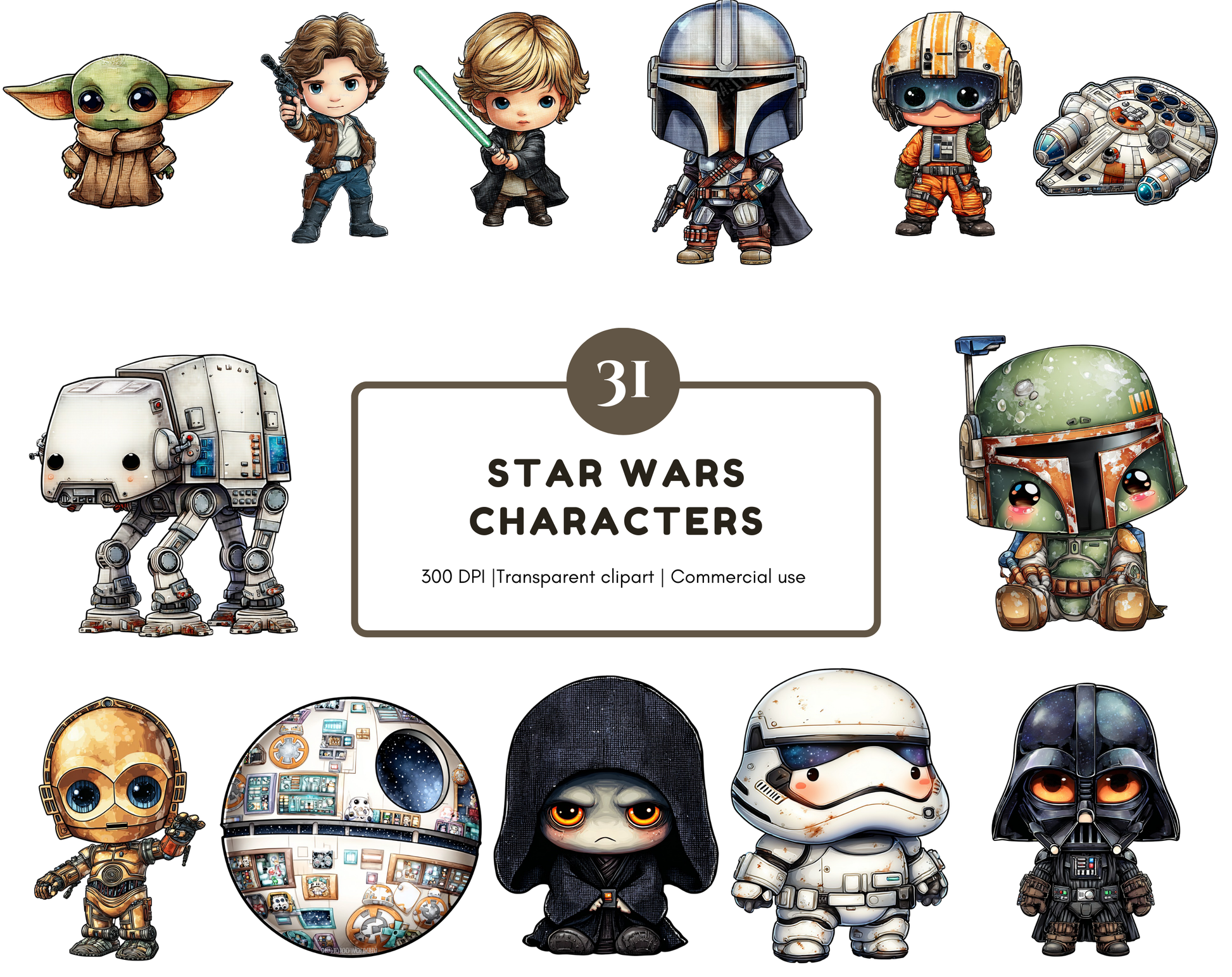 Cute Star wars space adventure character clipart inspired by galaxy sci-fi theme with transparent background