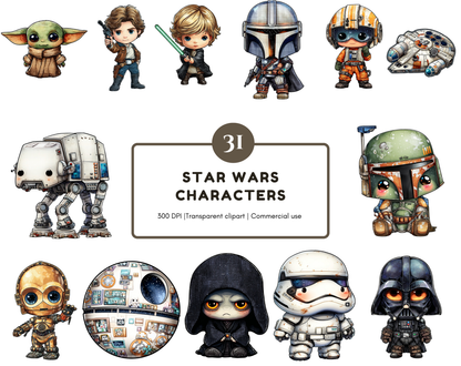 Cute Star wars space adventure character clipart inspired by galaxy sci-fi theme with transparent background