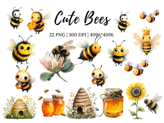 DIY Download Cute Bees Clipart PNG Bundle