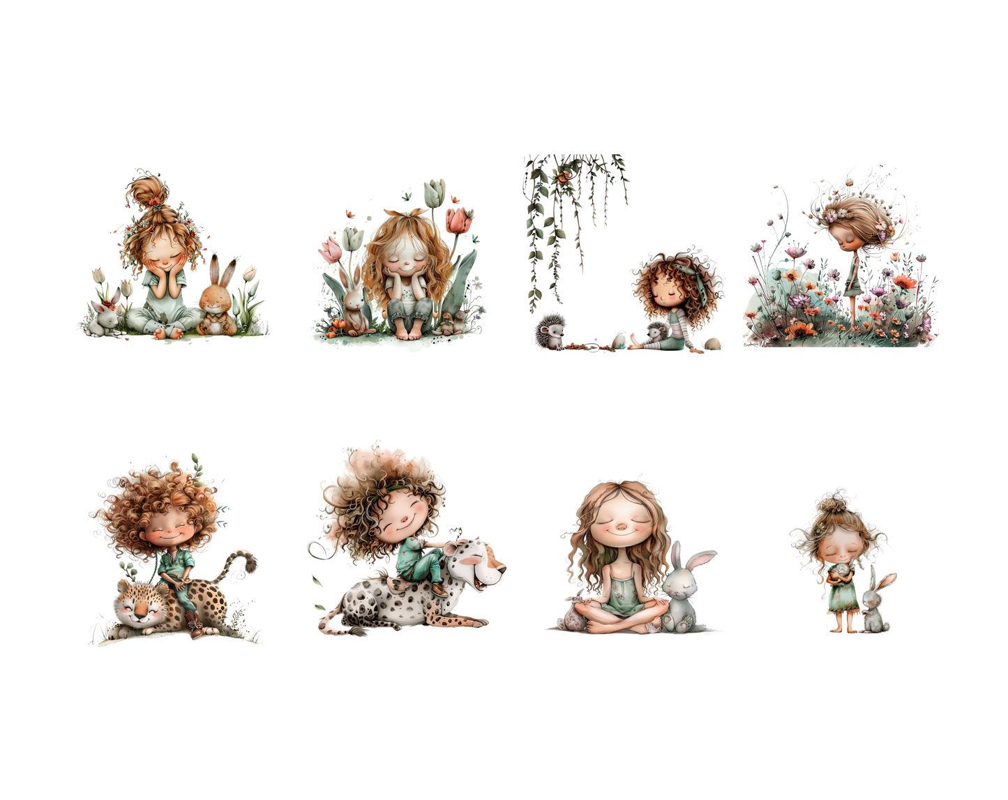 Watercolor Kids Clipart Bundle, Curly Hair Girl & Animals PNGs, Whimsical Cute Girl Clipart, Cute Animals Clipart, Friendship Clipart