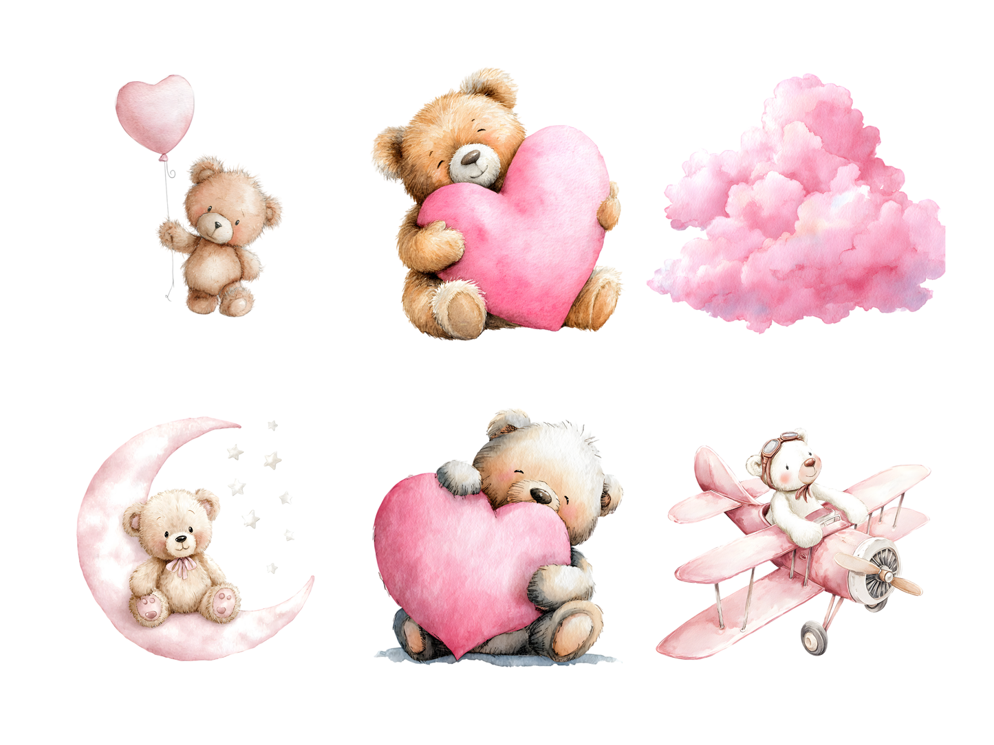 Pink Teddy Bear Clipart - 30 Watercolor Blush Nursery & Ballet Bear PNG