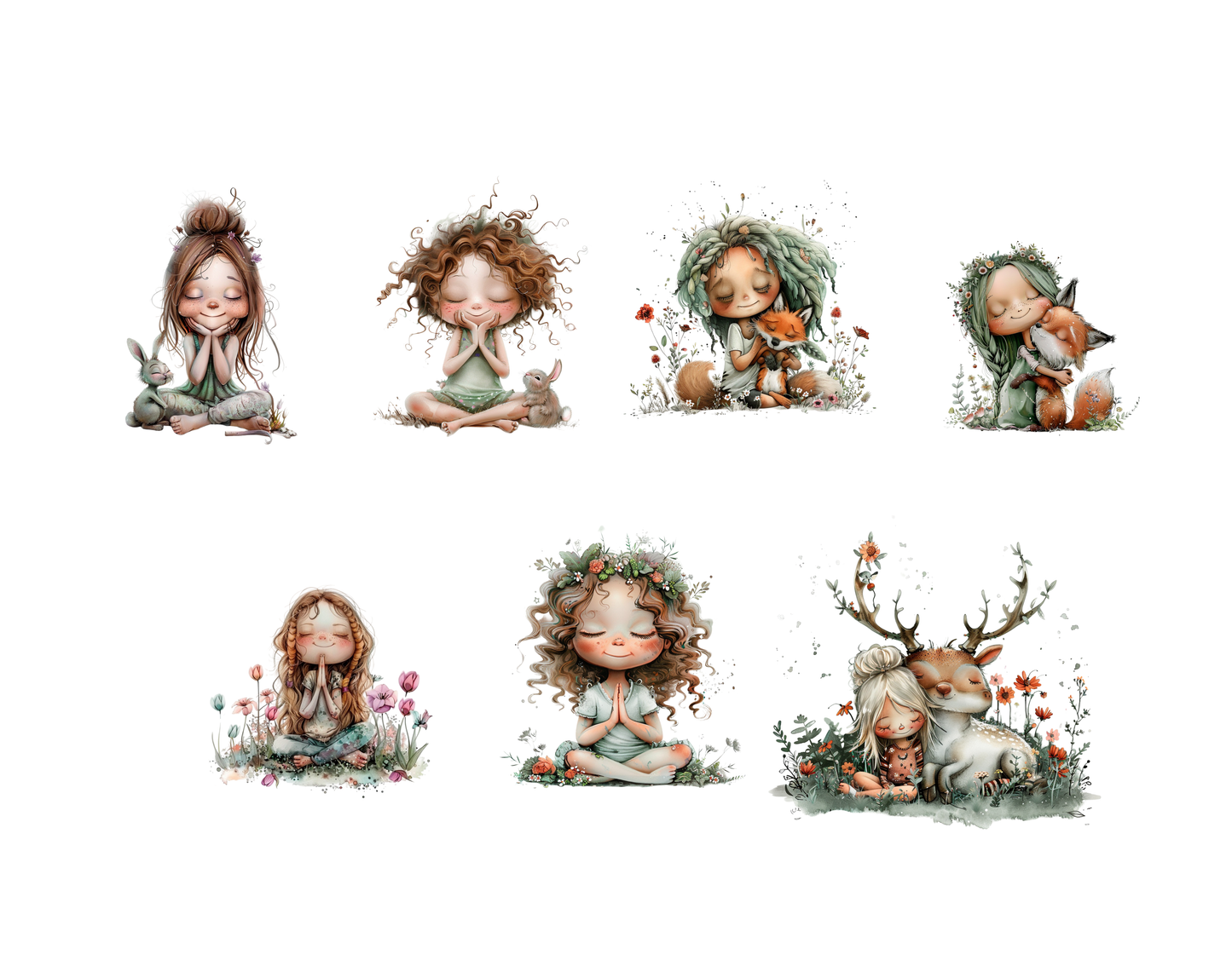 Watercolor Kids Clipart Bundle, Curly Hair Girl & Animals PNGs, Whimsical Cute Girl Clipart, Cute Animals Clipart, Friendship Clipart