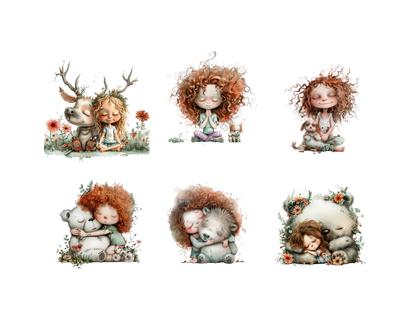 Watercolor Kids Clipart Bundle, Curly Hair Girl & Animals PNGs, Whimsical Cute Girl Clipart, Cute Animals Clipart, Friendship Clipart