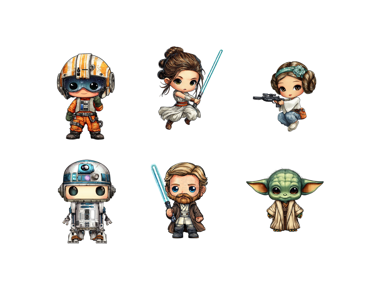 Lot de 31 images clipart Star Wars, personnages Star Wars aquarelle PNG, clipart Star Wars mignon, Star Wars classique, PNG haute qualité, cadeau pour une fête prénatale