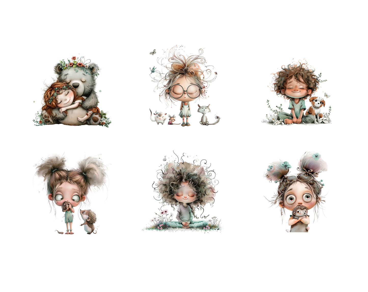 Watercolor Kids Clipart Bundle, Curly Hair Girl & Animals PNGs, Whimsical Cute Girl Clipart, Cute Animals Clipart, Friendship Clipart