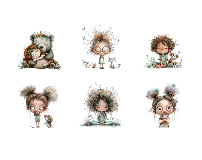Watercolor Kids Clipart Bundle, Curly Hair Girl & Animals PNGs, Whimsical Cute Girl Clipart, Cute Animals Clipart, Friendship Clipart