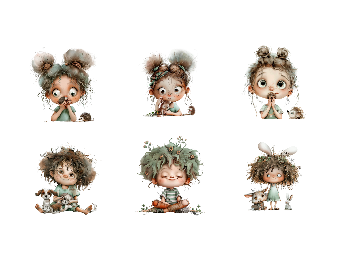 Watercolor Kids Clipart Bundle, Curly Hair Girl & Animals PNGs, Whimsical Cute Girl Clipart, Cute Animals Clipart, Friendship Clipart
