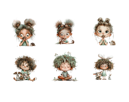 Watercolor Kids Clipart Bundle, Curly Hair Girl & Animals PNGs, Whimsical Cute Girl Clipart, Cute Animals Clipart, Friendship Clipart