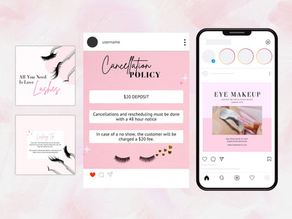 Pink Lash Tech Instagram Post Templates, Esthetician Beauty Posts (Editable Canva Templates)