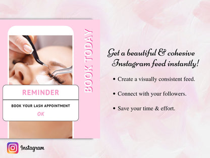 Pink Lash Tech Instagram Post Templates, Esthetician Beauty Posts (Editable Canva Templates)
