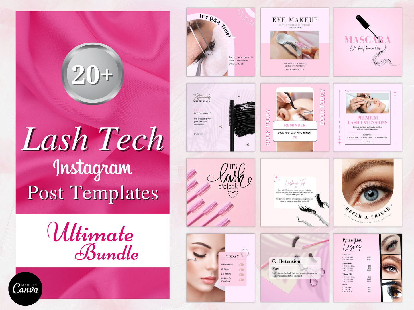 Pink Lash Tech Instagram Post Templates, Esthetician Beauty Posts (Editable Canva Templates)