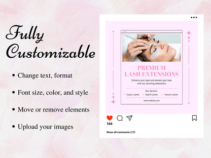 Pink Lash Tech Instagram Post Templates, Esthetician Beauty Posts (Editable Canva Templates)