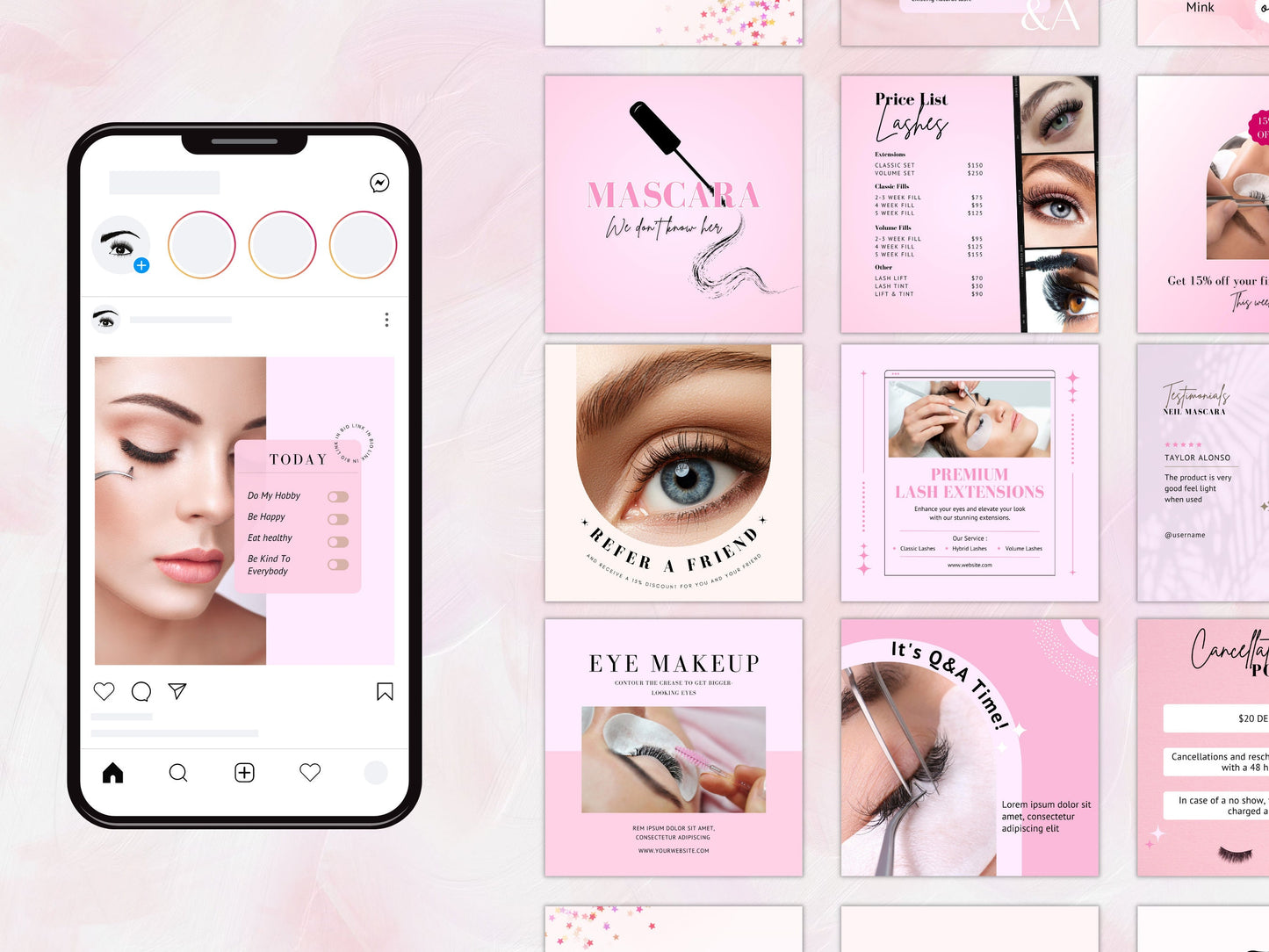 Pink Lash Tech Instagram Post Templates, Esthetician Beauty Posts (Editable Canva Templates)