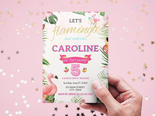 Bearbeitbare Einladung zur Flamingo-Geburtstagsparty, tropisches Thema (Sofort-Download)
