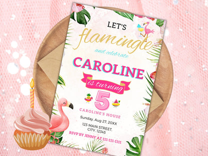 Editable Flamingo Birthday Party Invitation, Tropical Theme (Instant Download)