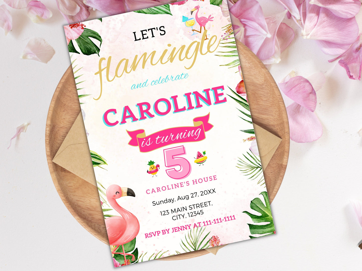 Editable Flamingo Birthday Party Invitation, Tropical Theme (Instant Download)