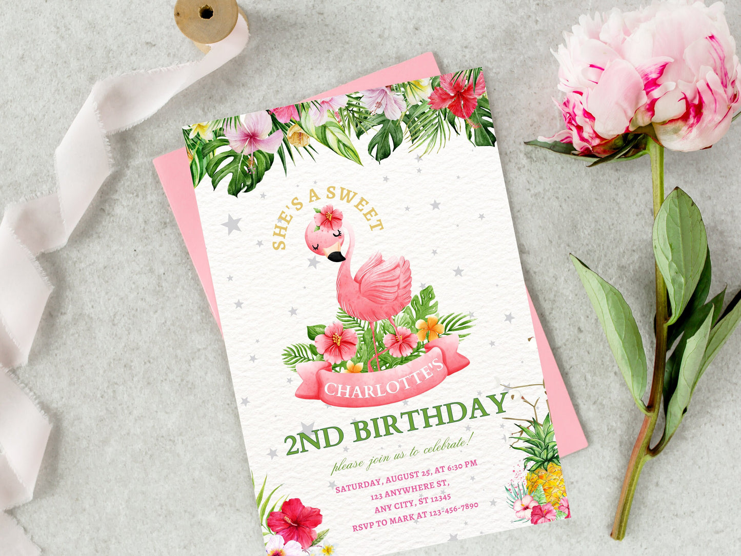 Editable Flamingo Birthday Invitation, Tropical Pool Party (Instant Download)