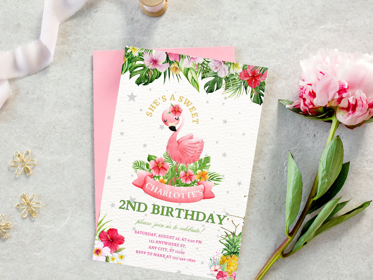 Editable Flamingo Birthday Invitation, Tropical Pool Party (Instant Download)