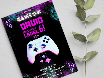 Glow Neon Video Game Birthday Invitation (Editable Printable Invite)