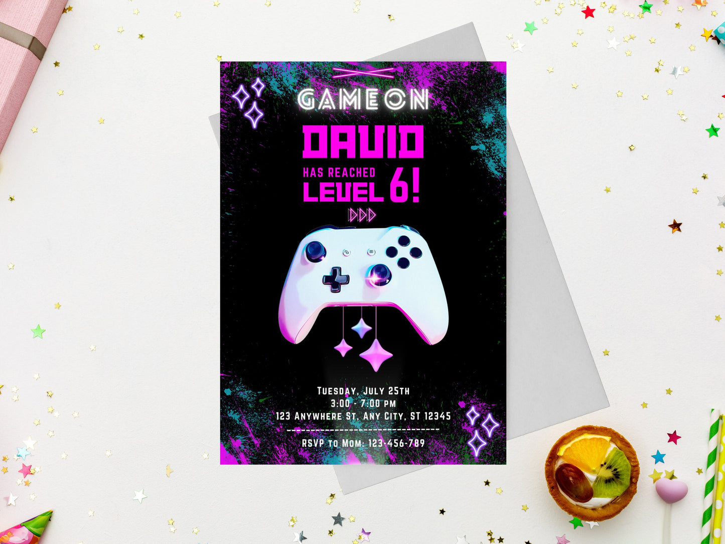 Glow Neon Video Game Birthday Invitation (Editable Printable Invite)