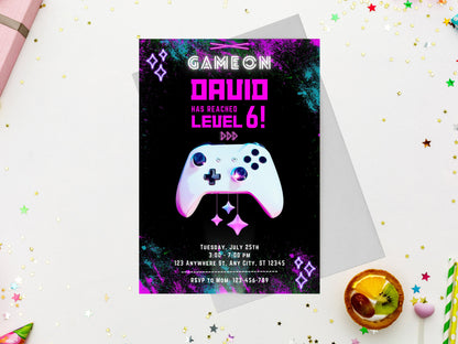 Glow Neon Video Game Birthday Invitation (Editable Printable Invite)