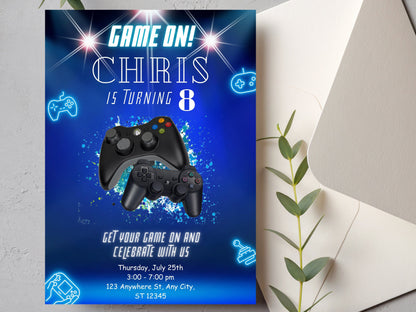 Gamer Birthday Invitation, Neon Video Game Invite (Editable Printable, Instant Download)