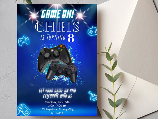 Gamer Birthday Invitation, Neon Video Game Invite (Editable Printable, Instant Download)