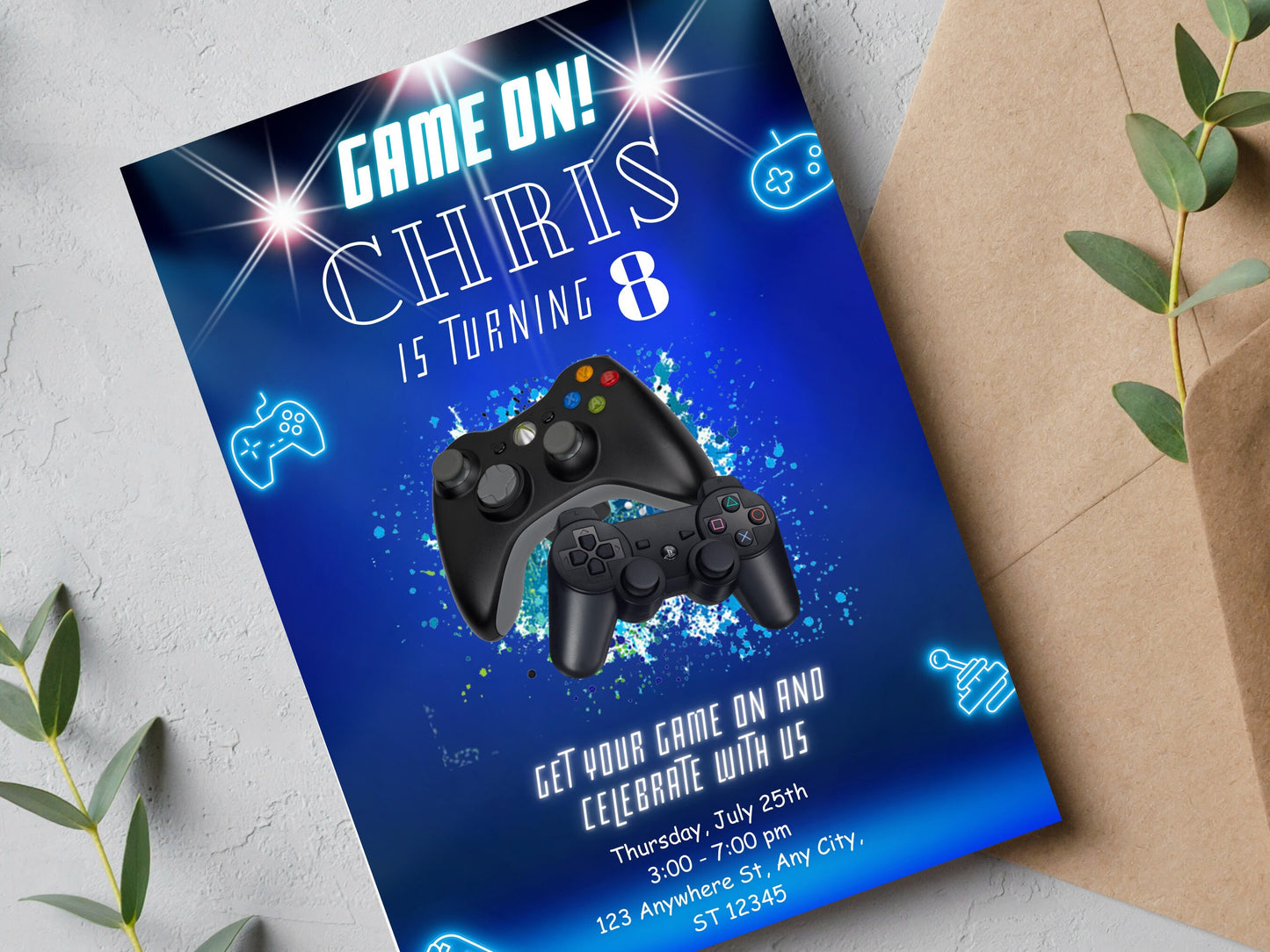 Gamer Birthday Invitation, Neon Video Game Invite (Editable Printable, Instant Download)