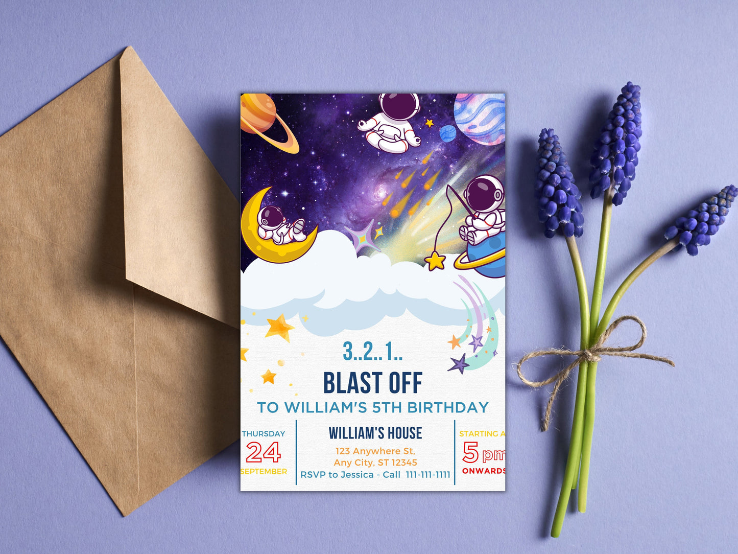 Bearbeitbare Astronauten-Geburtstagseinladung, Galaxie-Party (Digitaler Download)