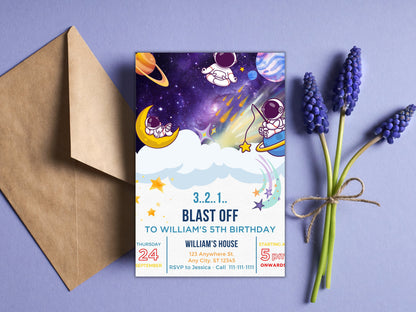 Bearbeitbare Astronauten-Geburtstagseinladung, Galaxie-Party (Digitaler Download)