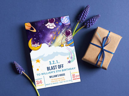 Bearbeitbare Astronauten-Geburtstagseinladung, Galaxie-Party (Digitaler Download)