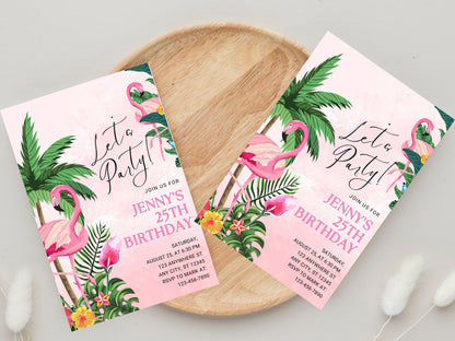Tropical Flamingo Birthday Party Invitation, Editable Template (Digital Download)