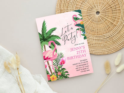 Tropical Flamingo Birthday Party Invitation, Editable Template (Digital Download)